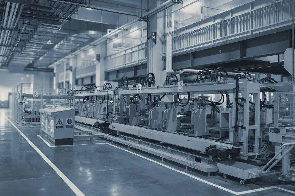 A large industrial machine inside a factory hall